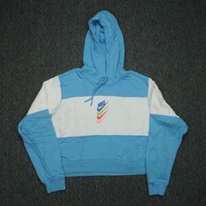 Nike Hoodie Womens Large Blue White Cropped Pockets Hooded DNA Stacked Swoosh